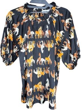 Black Horse Print Puff Sleeve Top - Multicolor Equestrian Pattern